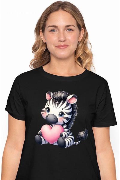 StoryGift Romania Women's T-shirt with a zebra holding a heart in its arms, illustration, love, affection BLK_L
