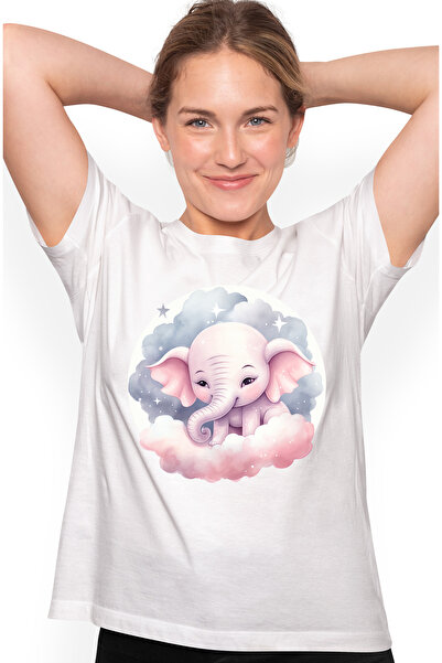 StoryGift Romania Tricou Femei cu un elefant somnoros, ilustratie, norisori, luna plina, ora de cu WHT_L