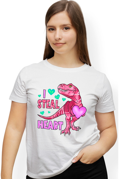 StoryGift Romania Tricou Femei cu dinozaur care tine in brate o inima cu mesa...