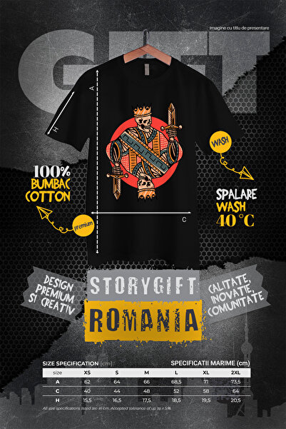 StoryGift Romania Tricou Femei Cu Schelet, Rege, Sabie, Coroana, Carte De Joc, Multicolor cu impr BLK_L