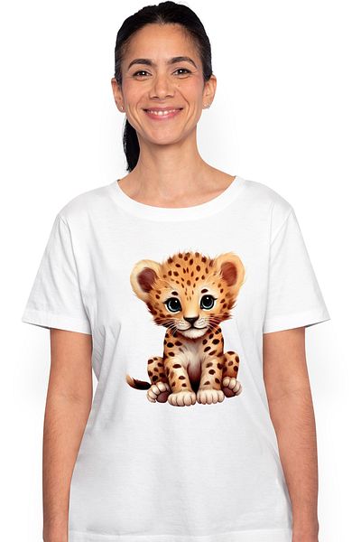 StoryGift Romania Women's T-shirt with a cheerful tiger cub, illustration, happy, playful, childhood, g WHT_L