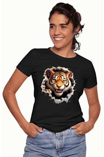 StoryGift Romania Tricou Femei cu un tigru furios, scoate capul prin perete, ...