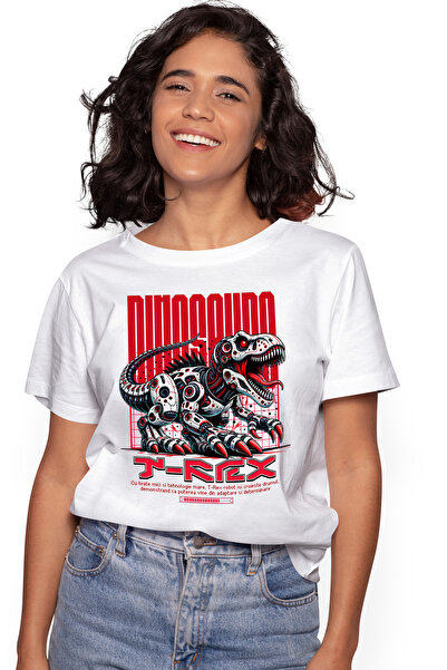 StoryGift Romania Tricou Femei Dinozaur T-REX Robot in Actiune, cu imprimeu pe Fata, 100% Bumbac, WHT_M