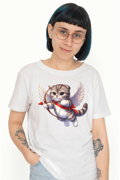 StoryGift Romania Tricou Femei cu o pisicuta grasuta Cupidon, ilustratie, trage cu arcul, zboara, WHT_L