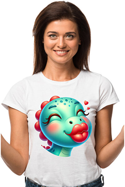 StoryGift Romania Tricou Femei cu o femela dinozaur care da un pupic, afectiune, Valentine's Day, WHT_L