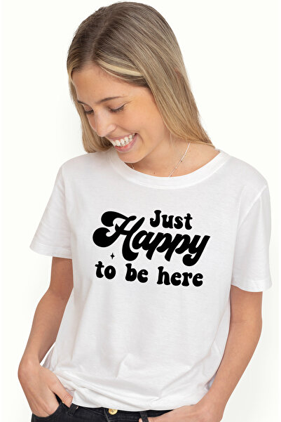 StoryGift Romania Tricou Femei cu mesajul "Just happy to be here" - fericit sa fii aici cu imprim WHT_L