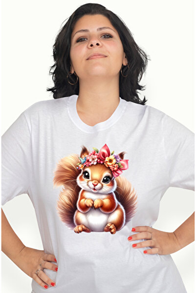 StoryGift Romania Tricou Femei cu o veverita vesela, ilustratie, flori, coron...