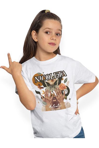 StoryGift Romania Tricou Copii Fete Cu Numele Nicoleta, Colaj Fata, Fluture, Flori, Cerc 100% Bumbac, Unisex