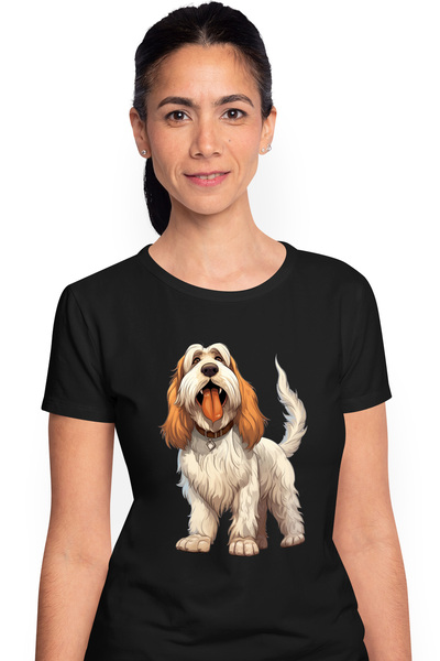 StoryGift Romania Women's T-shirt with a furry puppy sticking out its tongue, collar, illustration, for love BLK_L
