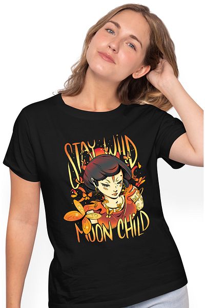 StoryGift Romania Tricou Femei Cu Mesaj In Engleza Stay Wild Moon Child, Molie, Luna, Multicolor BLK_L