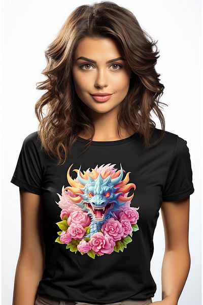 StoryGift Romania Tricou Femei cu un dragon agresiv, ilustratie, ochi in flacari, floricele, roz, BLK_L