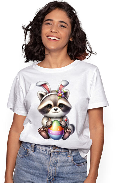 StoryGift Romania Tricou Femei cu un raton micut, ilustratie, ou vopsit, jucaus, urechi de iepuras WHT_L