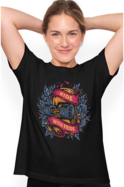 StoryGift Romania Tricou Femei Cu Mesaj In Engleza Ride With Pride, Skateboard, Sport, Retro, Plan BLK_M