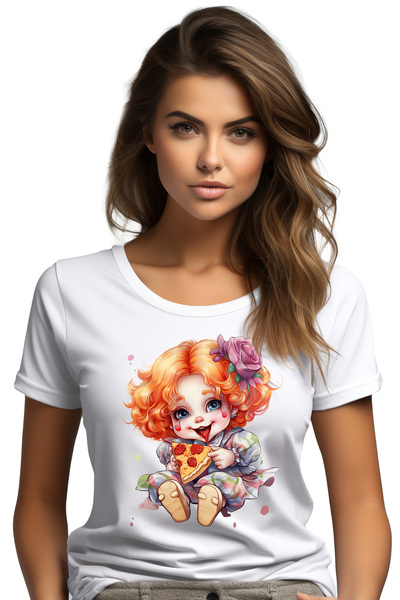 StoryGift Romania Tricou Femei cu o fetita clovn, ilustratie, mananca o felie...