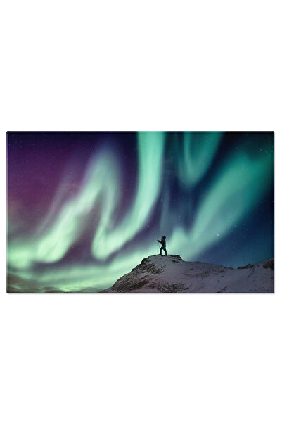 StoryGift Romania Tablou Canvas Alpinist Pe Un Varf Inzapezit Cu Aurora Borea...