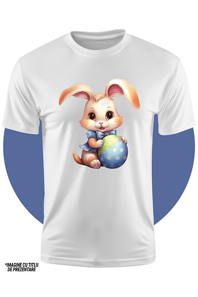 StoryGift Romania Children's T-shirt with a bunny holding a painted egg, Easter holidays, illustration, happiness, STG4