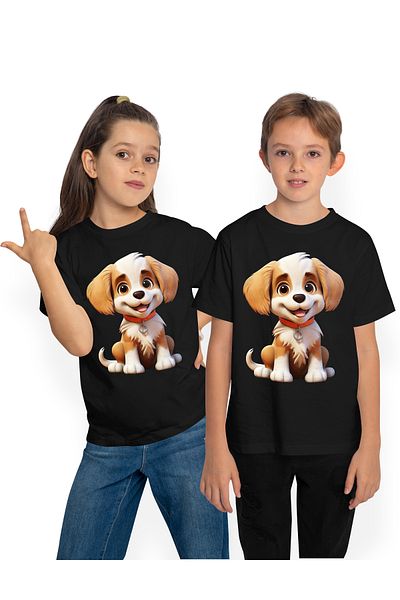 StoryGift Romania Children's T-shirt with a cheerful puppy, illustration, collar, orange, white, for dog lovers