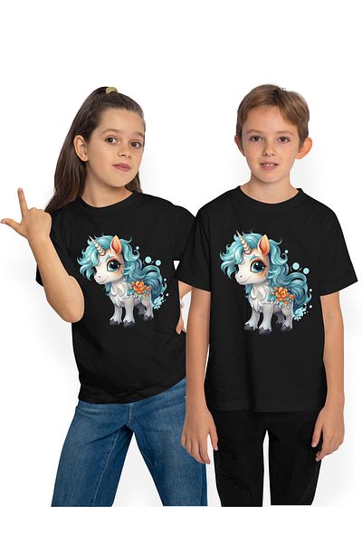 StoryGift Romania Children's T-shirt with a cheerful unicorn, illustration, orange flowers, happiness, mythical creature