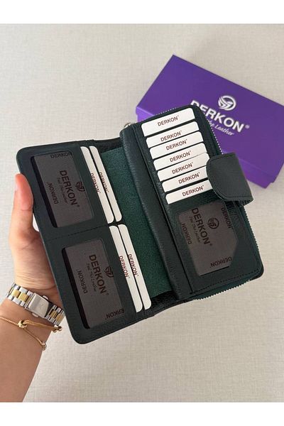 DERKON Genuine Leather Cerny Model Women's Wallet with Plenty of Card Holders Green