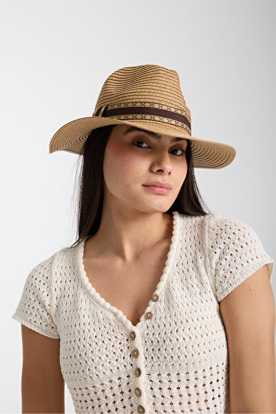 Moda Days Γυναικείο καλοκαιρινό καπέλο παραλίας με φαρδύ γείσο καφέ ριγέ ψάθινο