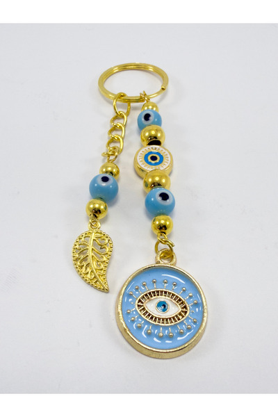 biuti Light Blue Glass Evil Eye Beaded Metal Keychain, Handmade Gift Bag Ornament