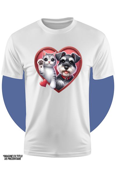 StoryGift Romania Tricou Copii cu o pisicuta care face cu mana si un catel blanos, ilustratie, cadru in form
