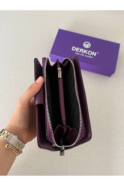 DERKON Genuine Leather Cerny Model Women's Wallet with Plenty of Card Holders Purple
