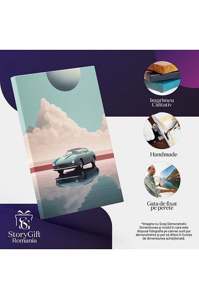 StoryGift Romania Tablou Canvas: Ilustratie Cu O Masina Veche - Reflexie Apa Nori Pictura Digitala