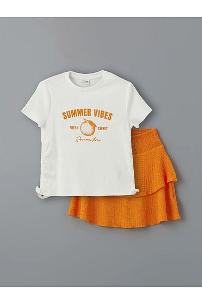 LC Waikiki Lcw Kids Ecru Crew Neck Girls T-Shirt and Skirt