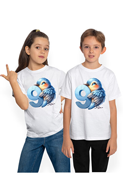 StoryGift Romania Tricou Copii Cu O Pasare Albastra Cu Cifra 9, Ilustratie, P...