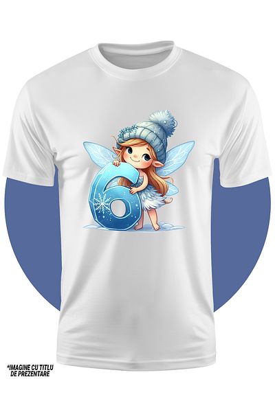 StoryGift Romania Tricou Copii Cu O Zana Micuta Care Tine Cifra "6", Ilustratie, Scoala, Matematica, Caciula