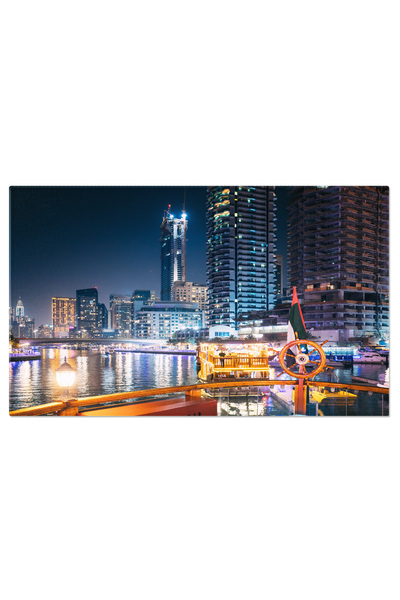 StoryGift Romania Tablou Canvas Plimbare Nocturna Pe Barca Turistica, Iluminat, Skyline Urban, Dubai Marina, Duba