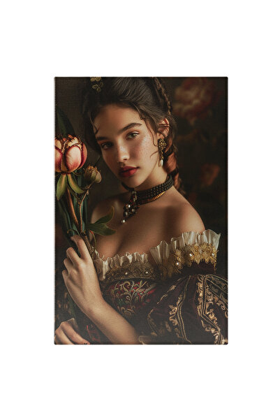 StoryGift Romania Tablou Canvas Inocenta Fatei Cu Pistrui Si Ruj Rosu Cu Parul Saten Cu Cercei Si Colier In Roch