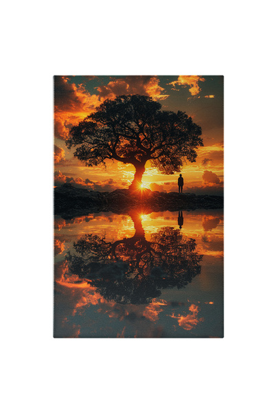 StoryGift Romania Tablou Canvas Un Lac Limpede In Care Se Reflecta Copacul Si Cerul Albastru Cu Nori Si Barbatul