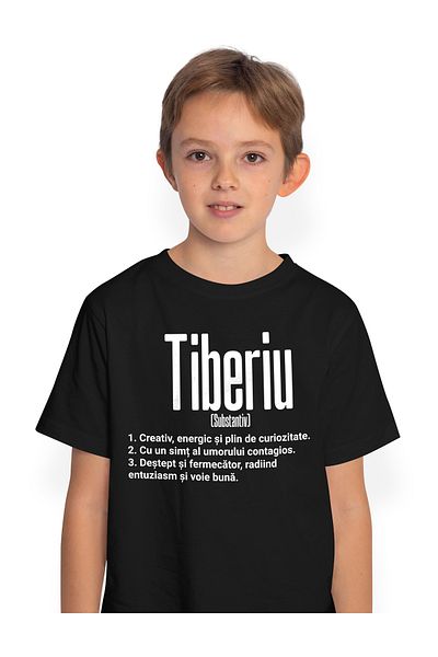 StoryGift Romania Tricou Copii Baieti Cu Numele Tiberiu, Cu Mesaj Motivational, Creativ, Energic, Curios, De