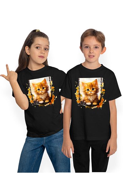 StoryGift Romania Children's T-shirt with a kitten swinging, illustration, orange flowers, surprised, ju