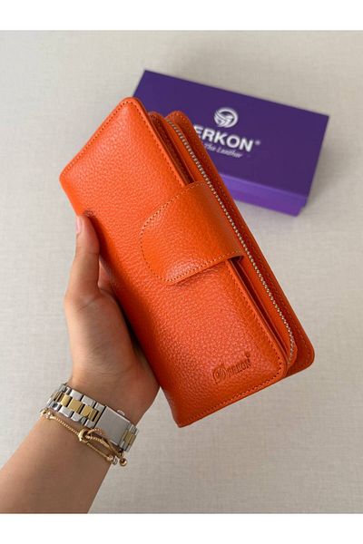 DERKON Genuine Leather Cerny Model Women's Wallet with Plenty of Card Holders Orange