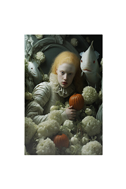 StoryGift Romania Tablou Canvas: Portret Feminin Albinism În Stil Baroc Floral Cu Pește Alb Și Dovleci Pictura Di