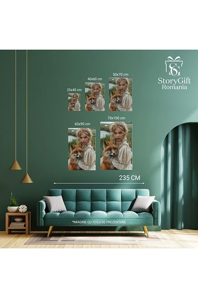 StoryGift Romania Tablou Canvas The Pet Fox cu Ochii Stralucitori langa Fata cu Parul Blond in Rochie de Vara Va