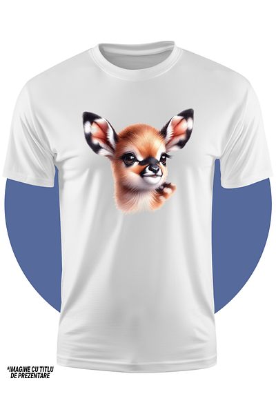 StoryGift Romania Tricou Copii Cu Un Pui De Caprioara, Ilustratie, Curioasa, Se Uita In Zare, Copilarie, Gri