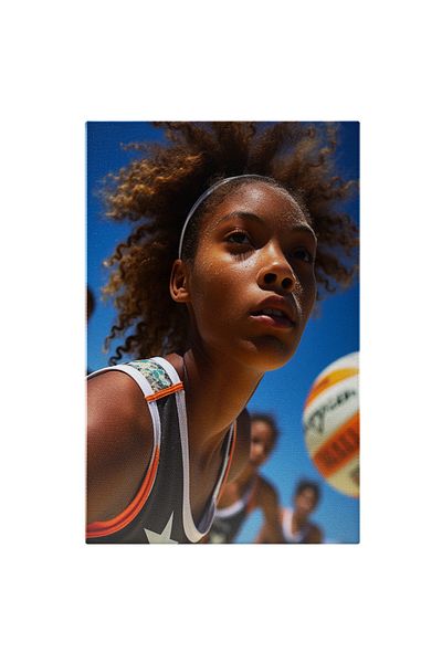 StoryGift Romania Canvas Print: Creative Woman Practicing Volleyball on the Beach in a Black Tank Top with Sand on Her Face