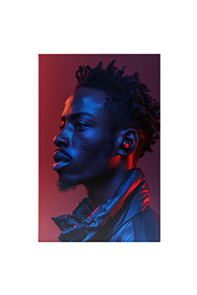 StoryGift Romania Tablou Canvas Barbat African Cu Parul Scurt Cret Si Casca In Ureche In Geaca Neagra Cu Buze Ma