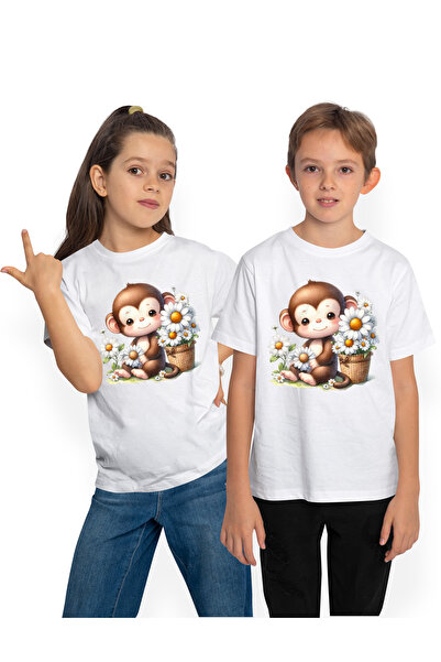 StoryGift Romania Tricou Copii Cu O Maimutica Vesela Care Tine O Floare, Flor...