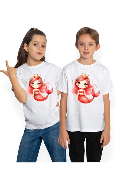 StoryGift Romania Children's T-shirt with a mermaid with a red tail, half woman, gold crown, blushing, orange