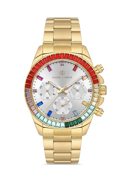 DAVID GUNER Silver Dial Yellow Plated Multi-Function Stainless Solid Steel Unisex Wristwatch