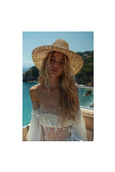 StoryGift Romania Tablou Canvas Fată Blondă Protejată De Soare De Pălăria Din Paie- Marea Liniștită Ca Fundal , P