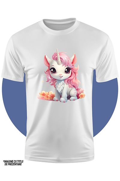 StoryGift Romania Tricou Copii cu un unicorn micut, ilustratie, floricele galbene, curiozitate, jucaus, pent