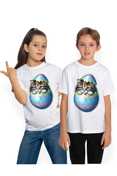 StoryGift Romania Tricou Copii Cu O Pisicuta Timida Care Iese Dintr-un Ou Spart, Ilustratie, Felina, Curiozi