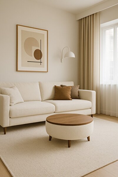 Bounteous Yeni Nesil Modern Yuvarlak Puf Ceviz Ahşap Orta Sehpa