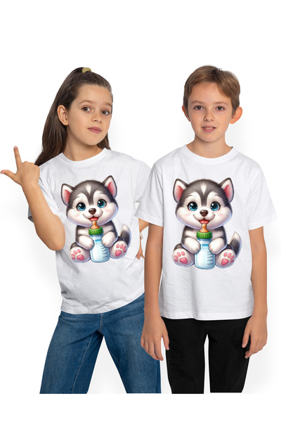StoryGift Romania Tricou Copii Cu Un Catelus Husky Care Tine Un Biberon Cu La...